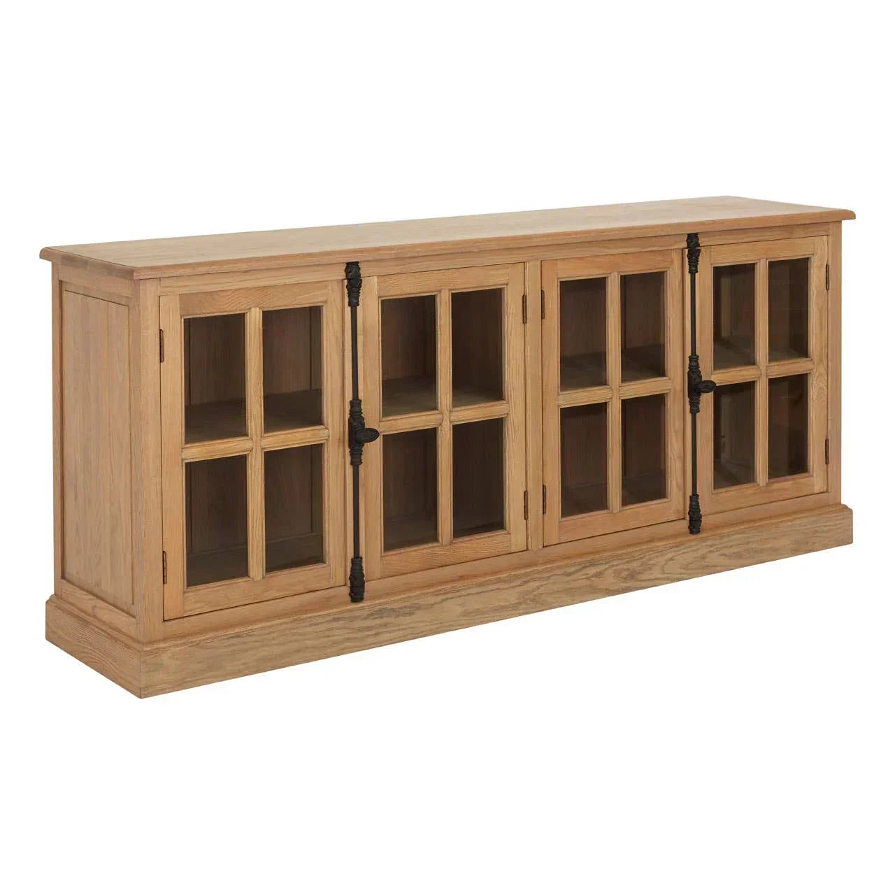 Oak sideboard with four glass pane doors and black metal hinges, shown from front angle