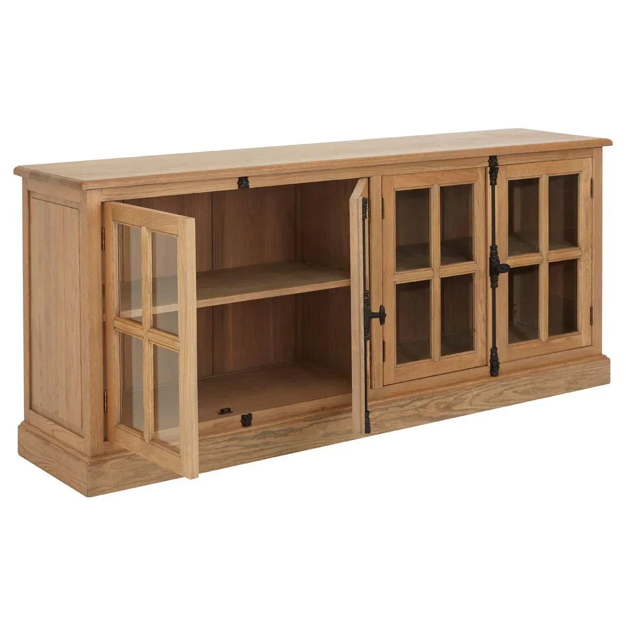 Oak sideboard with glass panel doors and black hinges, two doors open to show spacious shelves