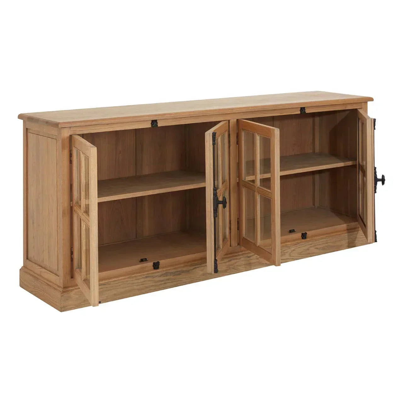 Oak sideboard with glass panel doors open, showing interior shelving
