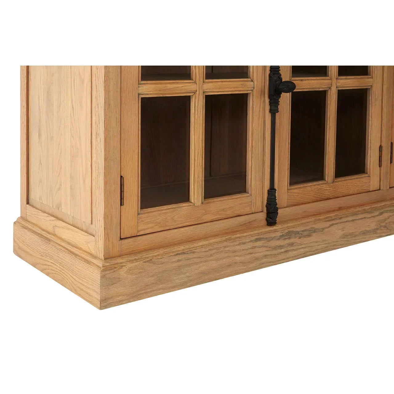 Oak sideboard base with glass panel doors and black metal handle detail