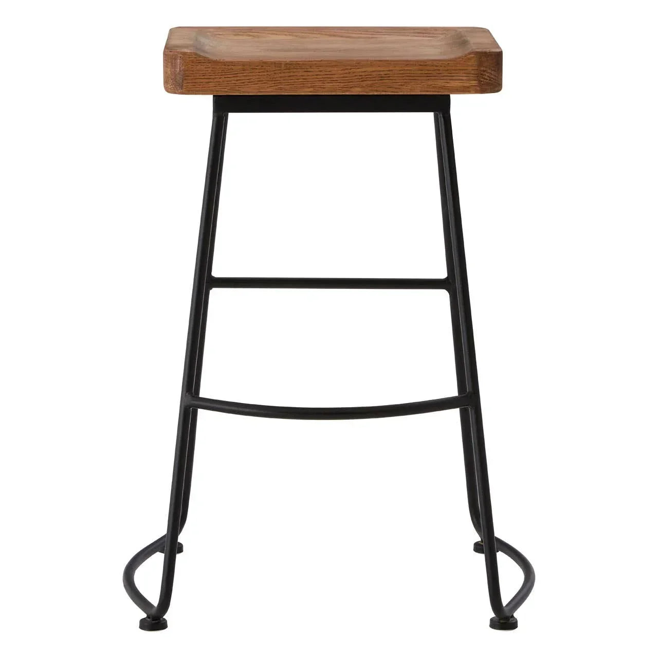 Industrial bar stool with wooden seat and black metal frame, front view