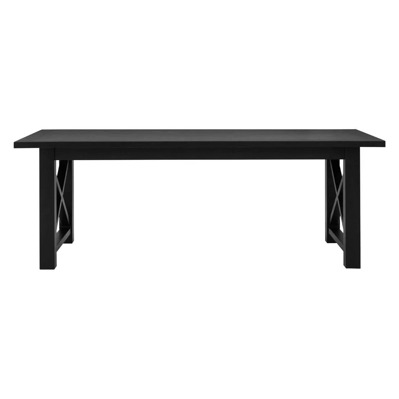 Black wooden dining table with cross leg design and rectangular top, front view