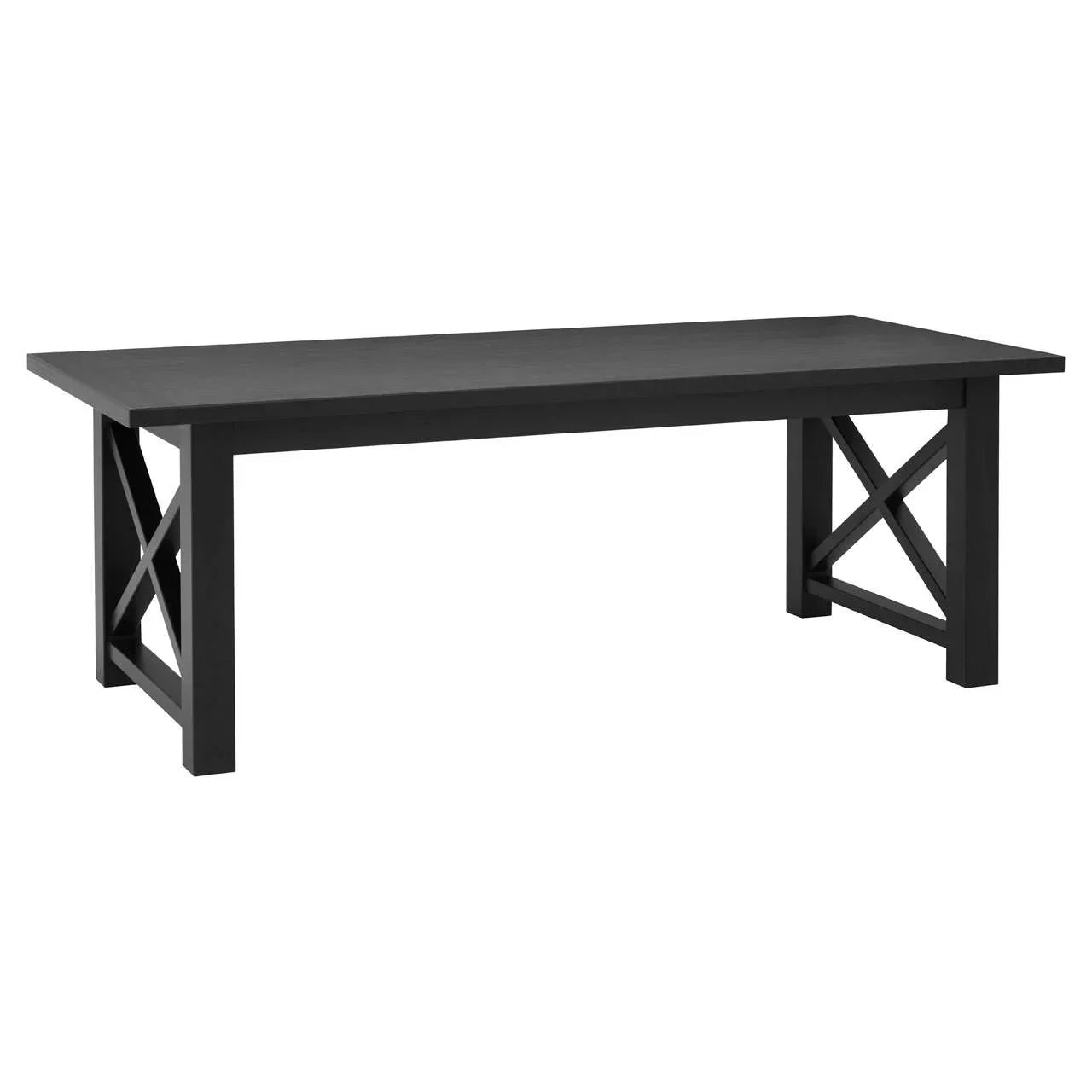 Black wooden dining table with cross-leg base, rectangular top, front angle view