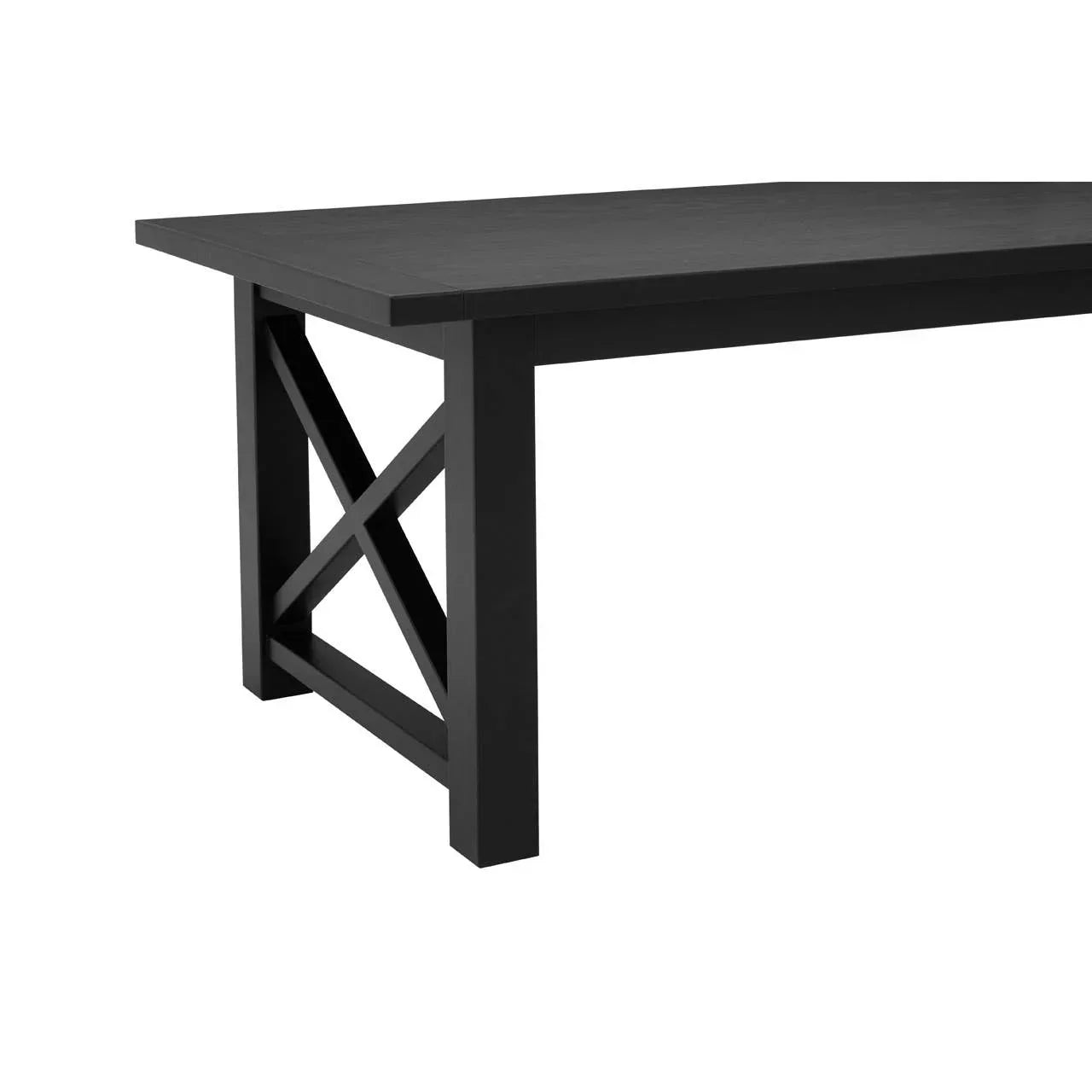 Black wooden dining table with cross-leg design and rectangular top