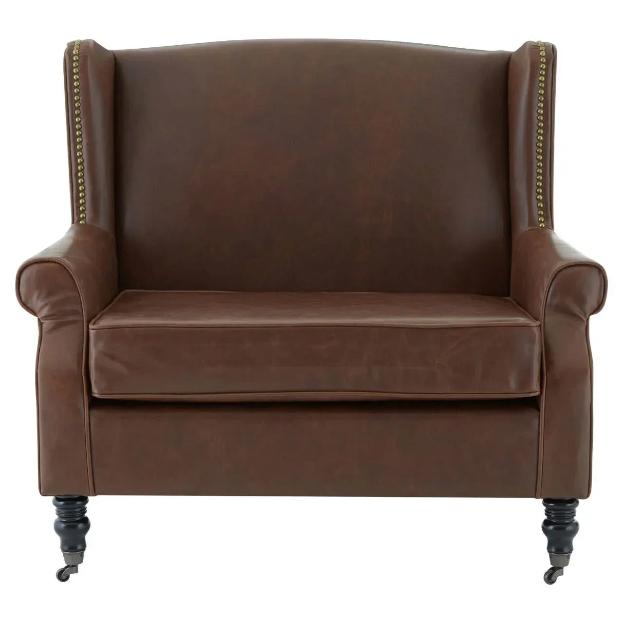 Brown leather armchair with studded trim and rolling wooden legs, front view