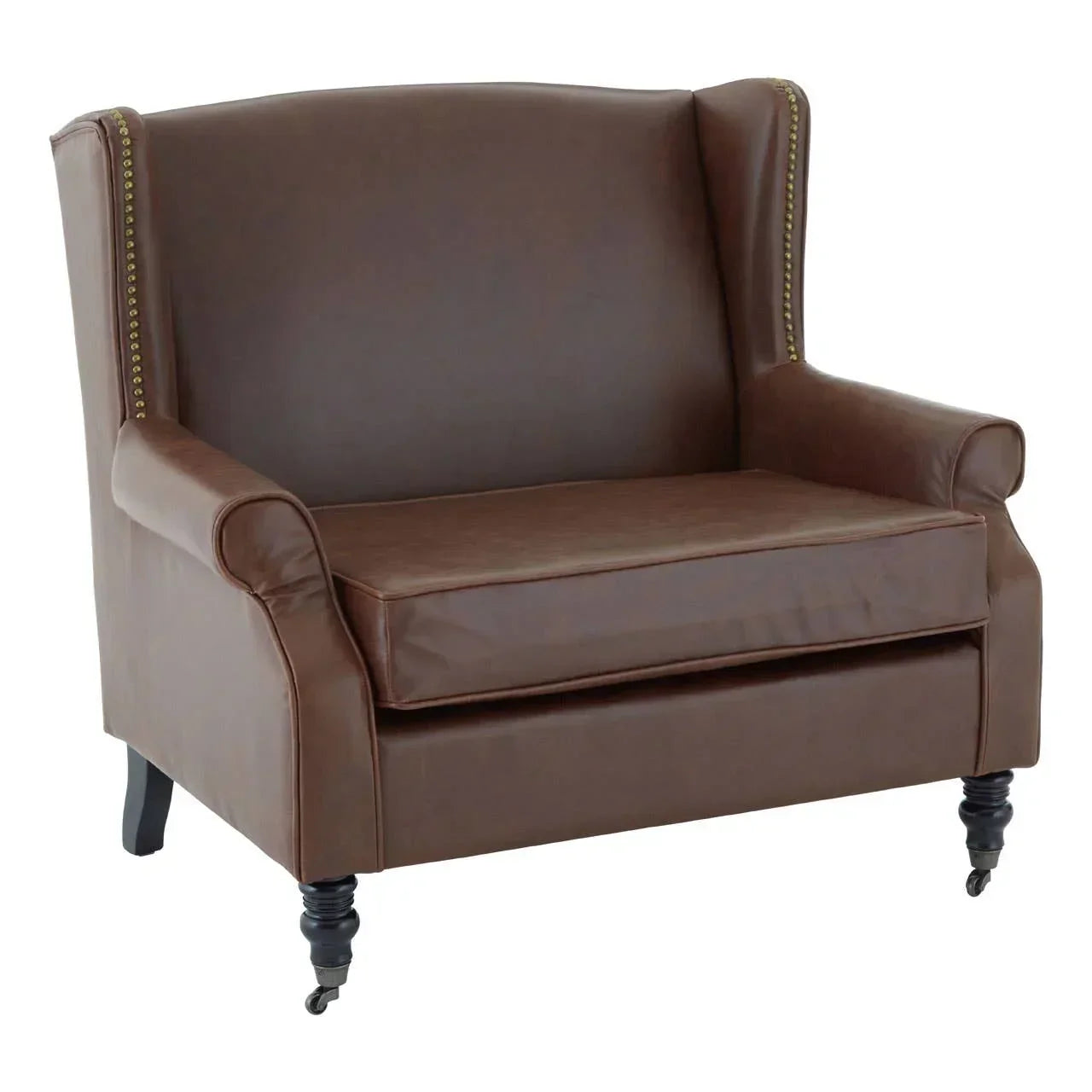 Brown leather armchair with brass stud detailing and wooden legs on castors