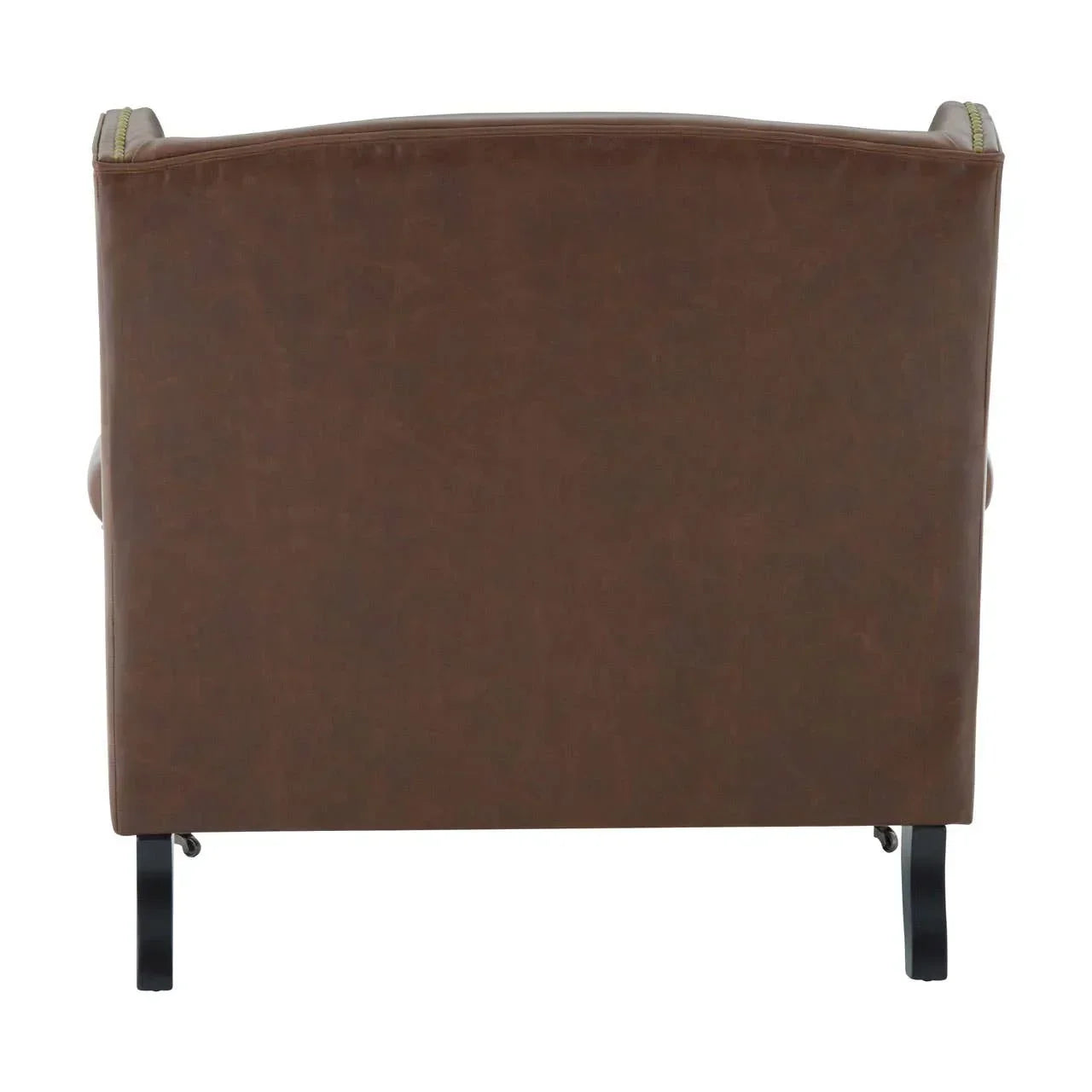Back view of brown leather armchair with black metal legs