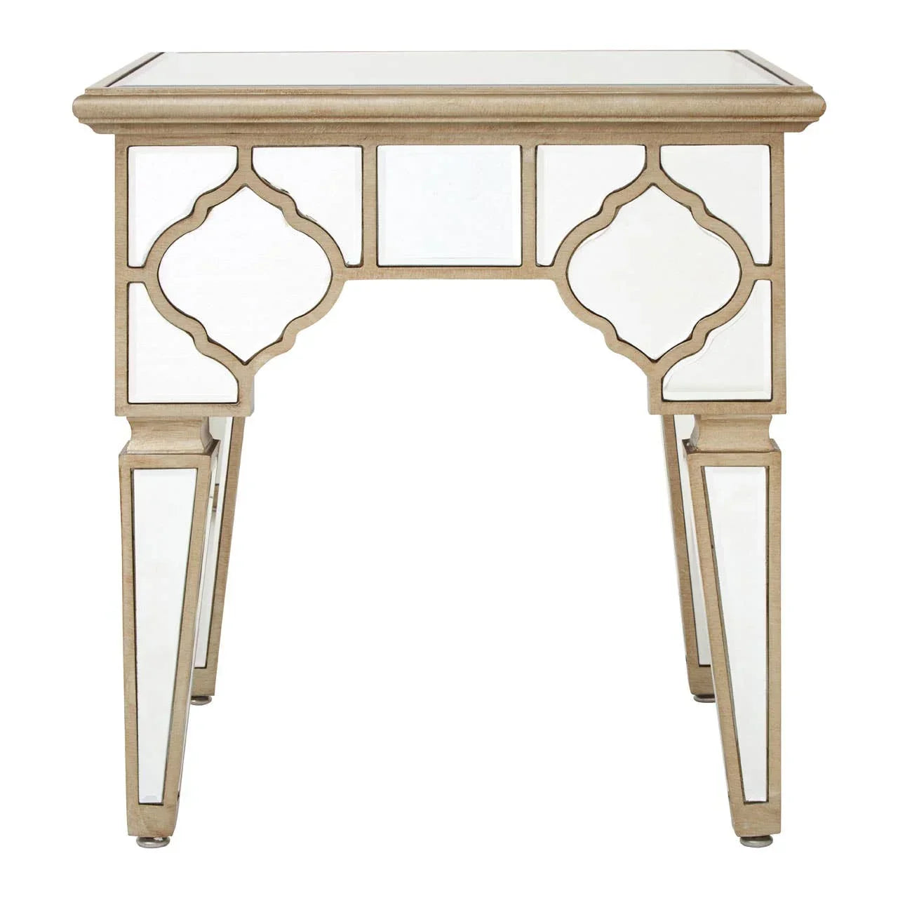 Mirrored side table with gold trim and geometric pattern on legs