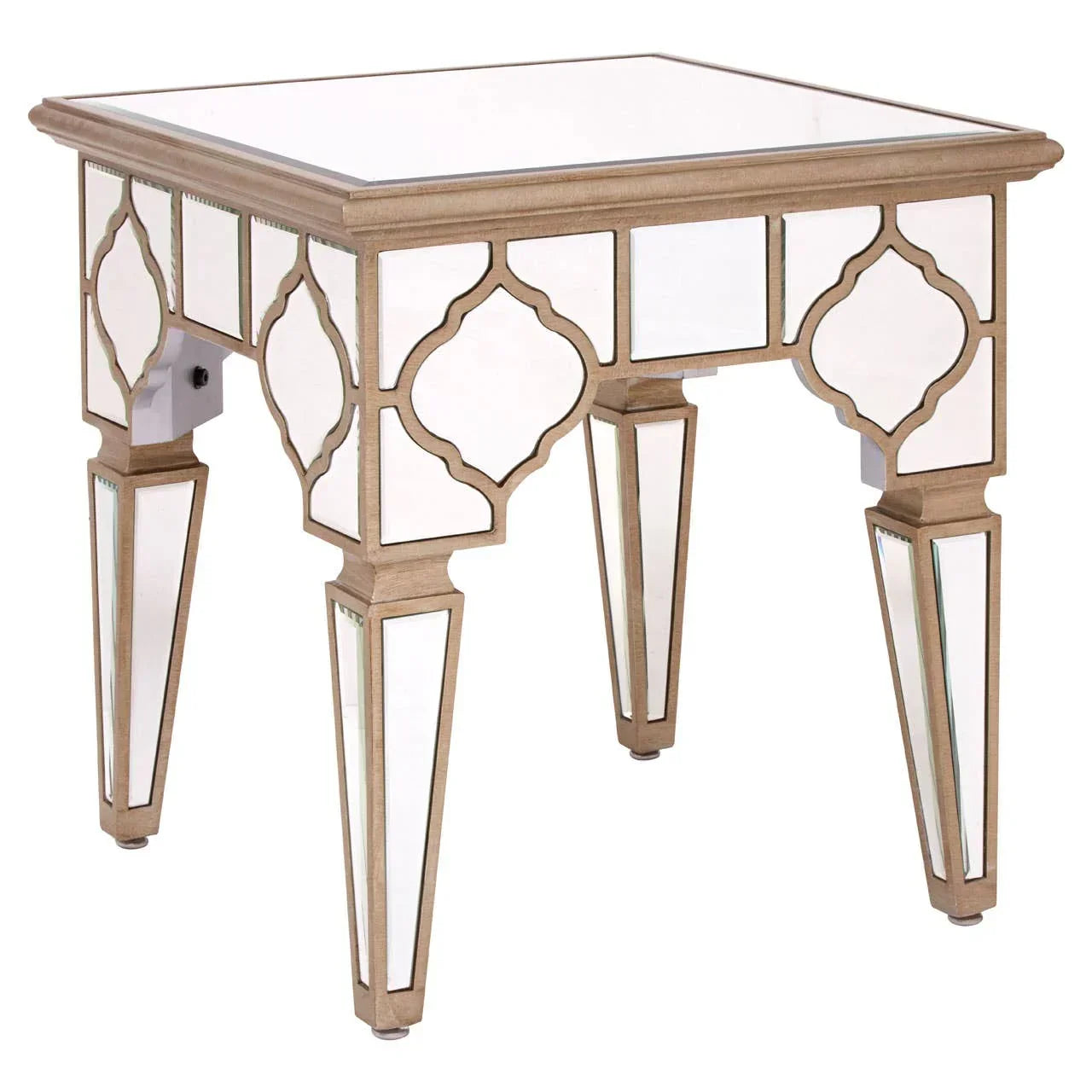Mirrored side table with gold trim and glass top, geometric pattern on legs and sides