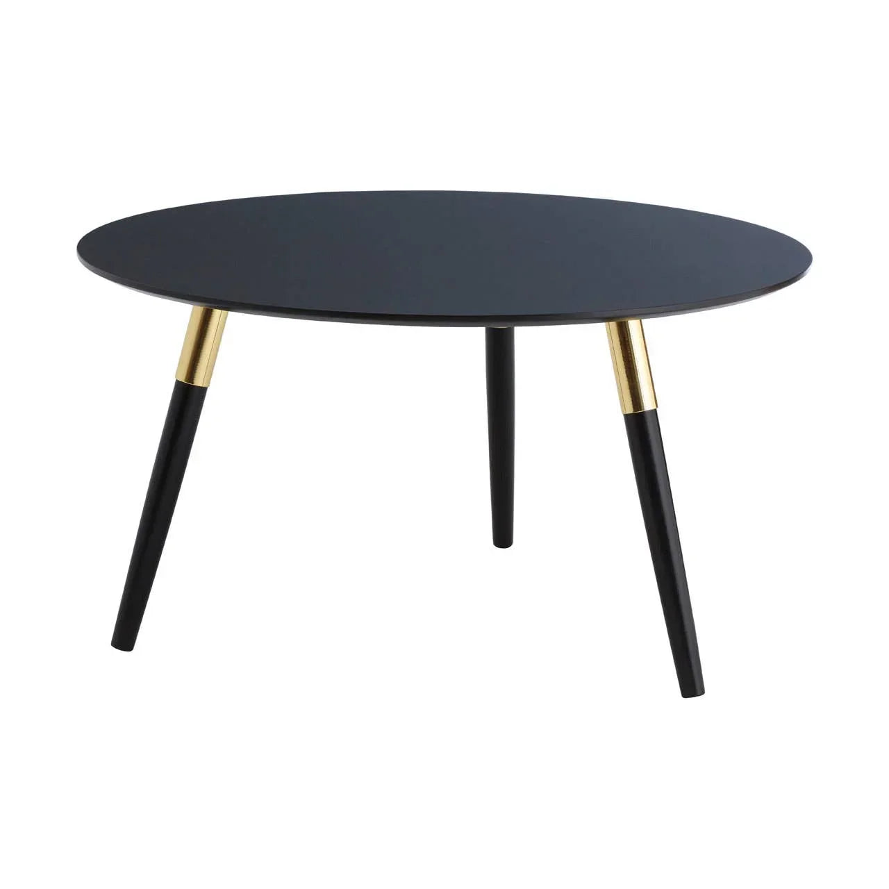 Round black coffee table with gold accent legs, modern minimalist design