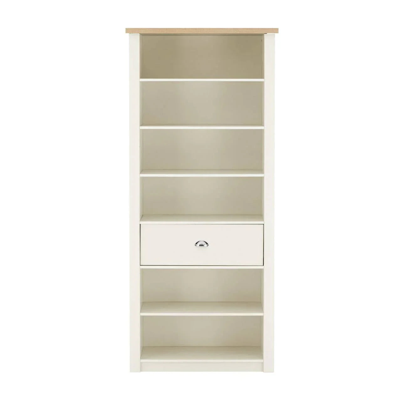 White wooden bookcase with oak top, open shelves and central storage drawer