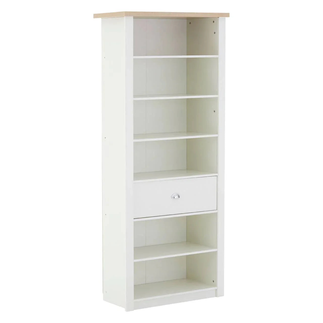 White bookcase with six open shelves, central drawer and light wood top, angled view