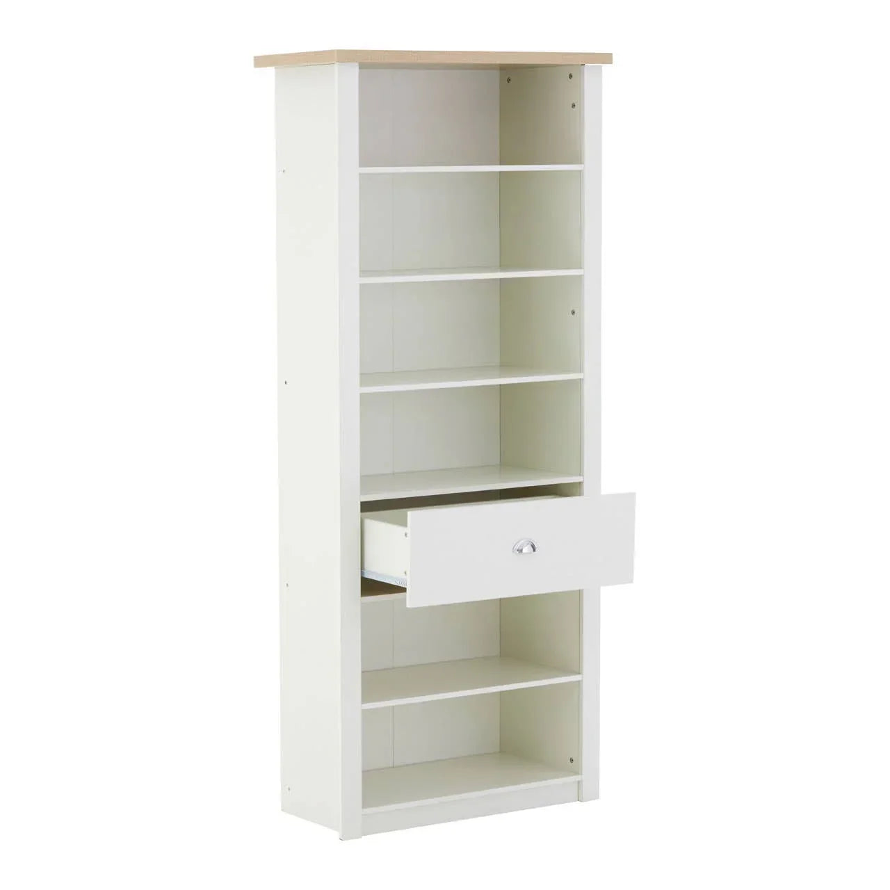 White bookcase with wooden top, five shelves and one open drawer, front angle view