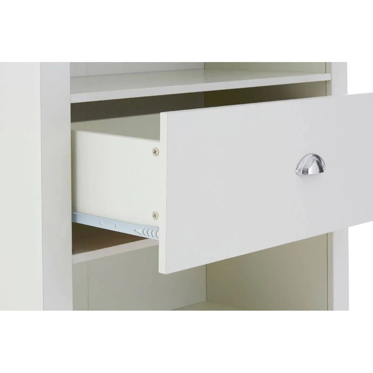White wooden storage unit with open drawer and metal handle detail
