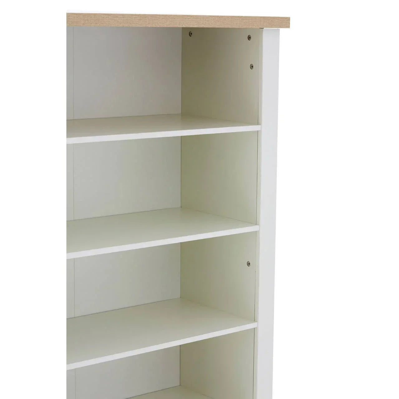 White shelving unit with three shelves and light wood top, side angle view