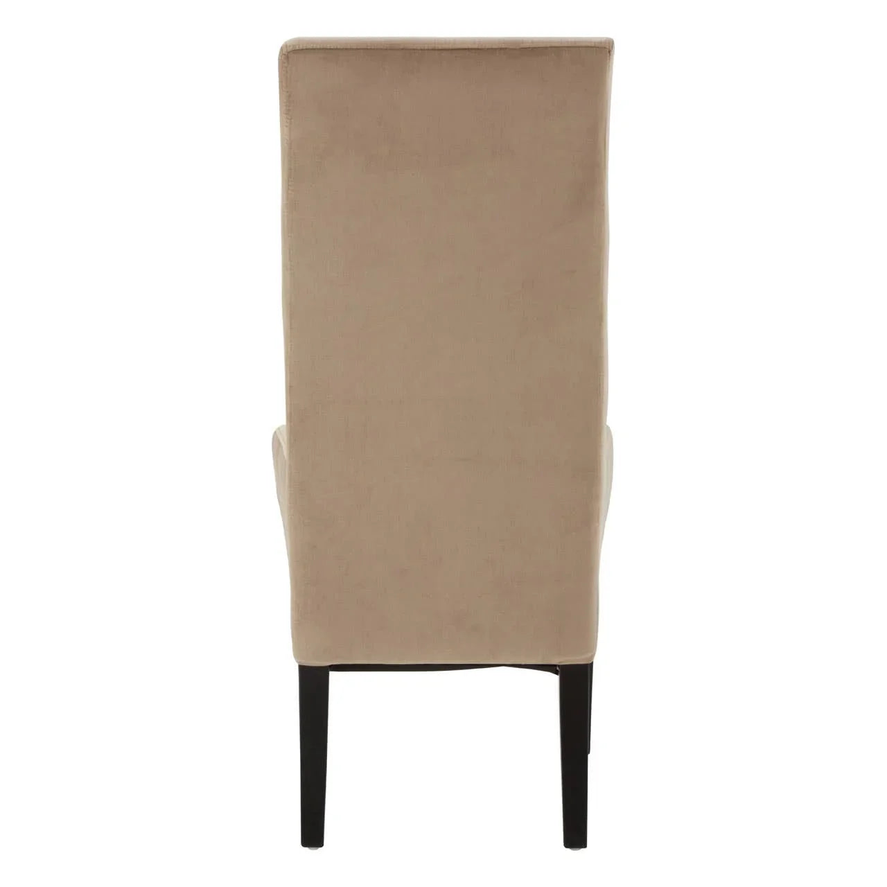 Beige upholstered dining chair rear view with high back and dark wooden legs
