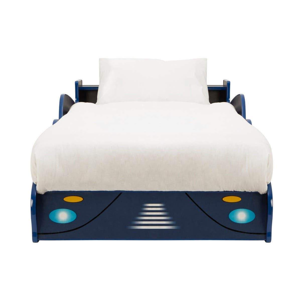A blue kids racing car bed with a sleek design, featuring headlights and a streamlined front, topped with a white mattress and a simple white bedspread. The bed has side rails for safety and a playful, sporty aesthetic