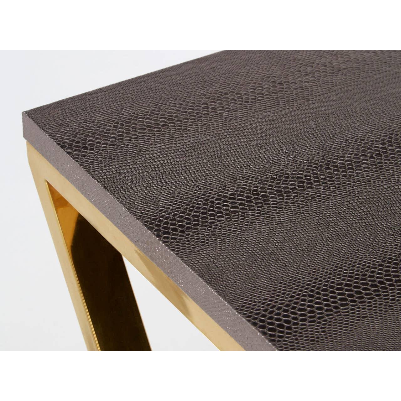 Textured brown console table top with gold metal frame, close-up angle