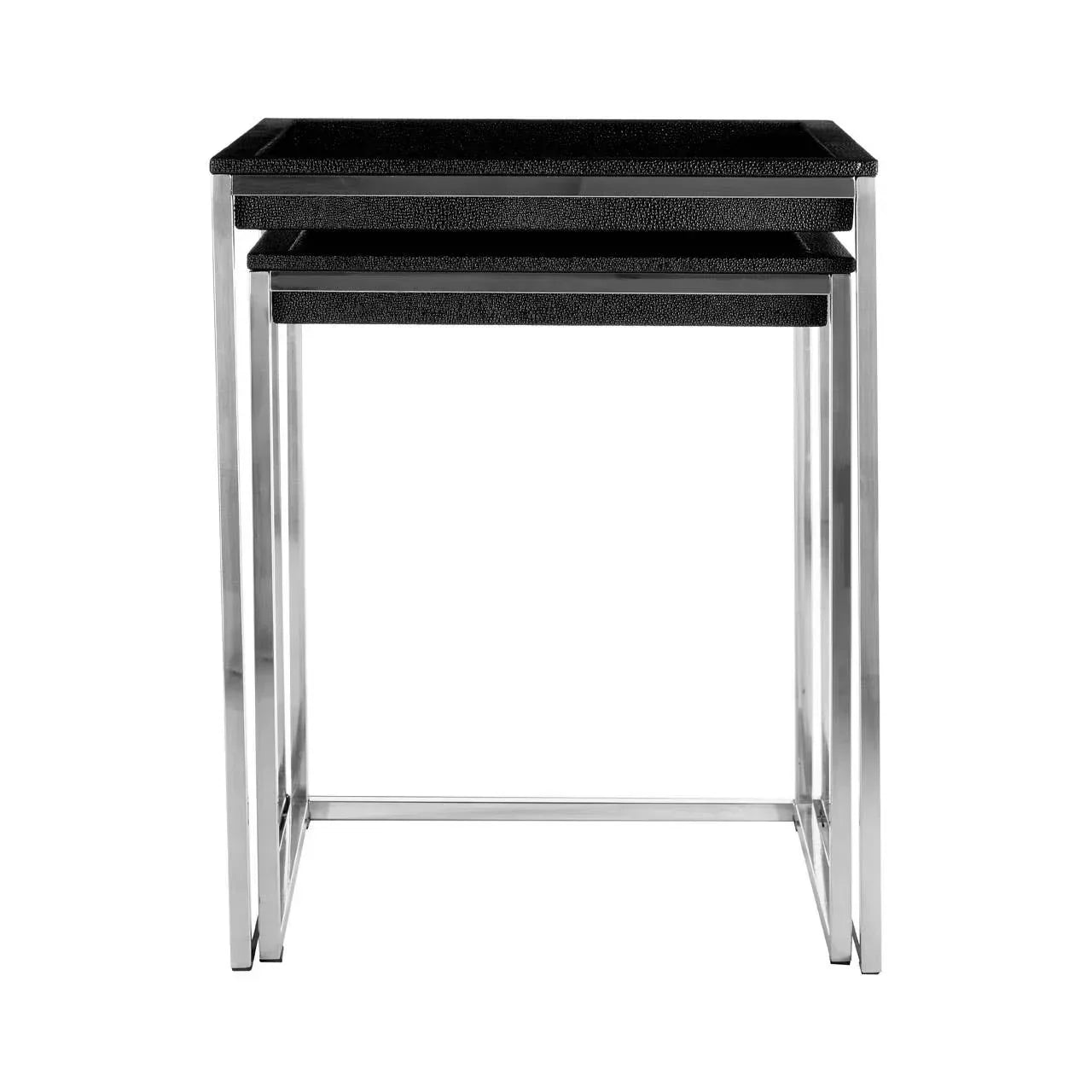 Set of three black nesting tables with chrome metal frames, stacked front view