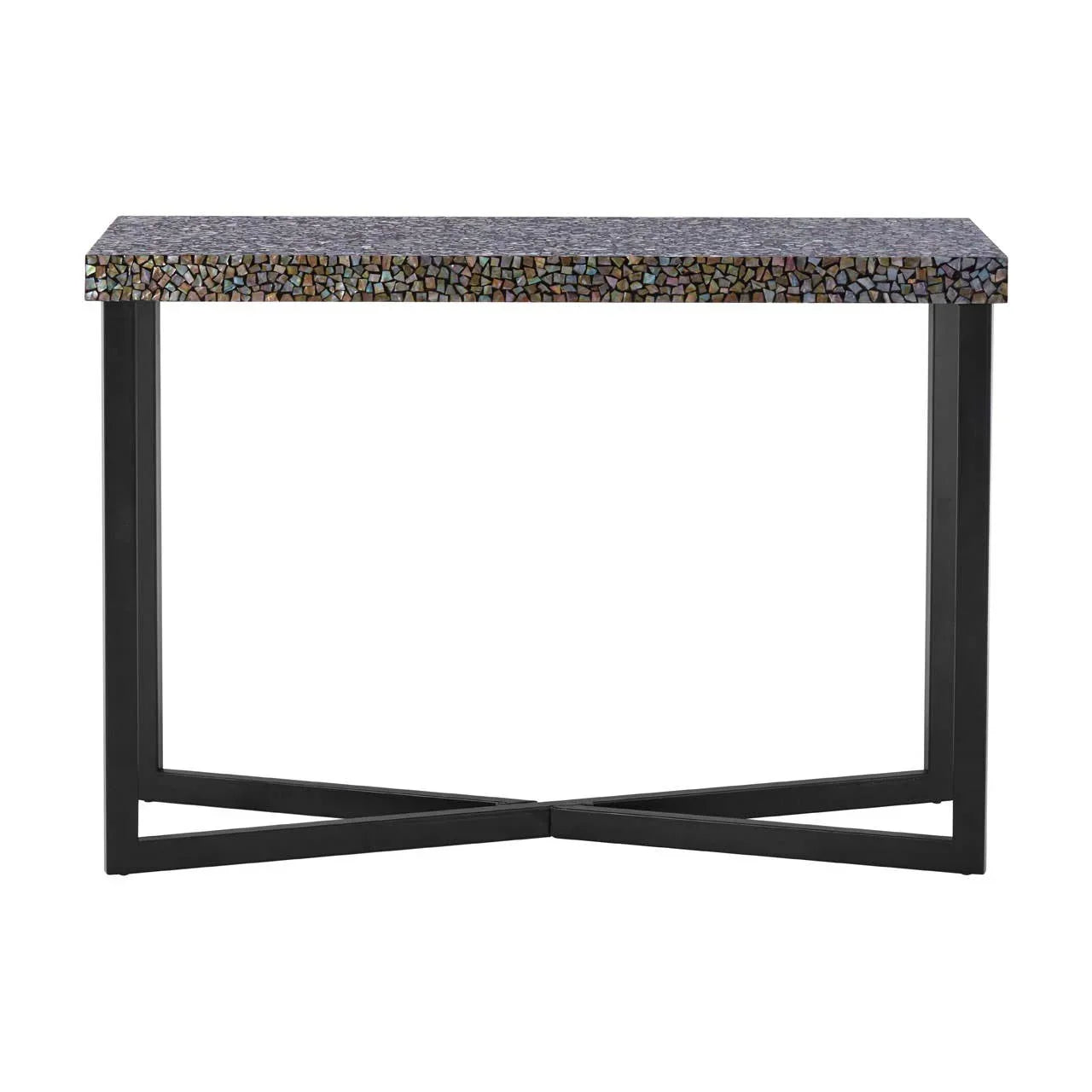 Mosaic console table with black metal frame and rectangular top, front view