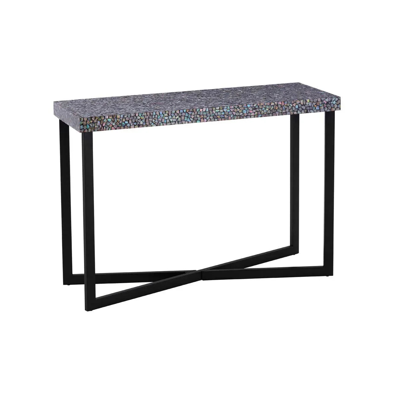 Mosaic console table with multicoloured tile top and black metal frame, angled front view
