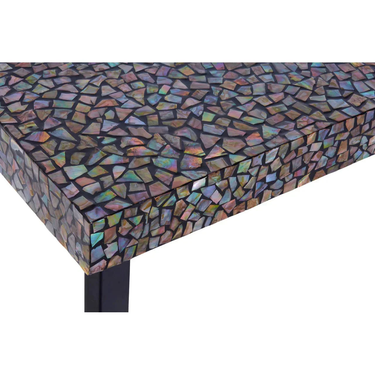 Mosaic coffee table with black legs and iridescent multicolor stone top close up