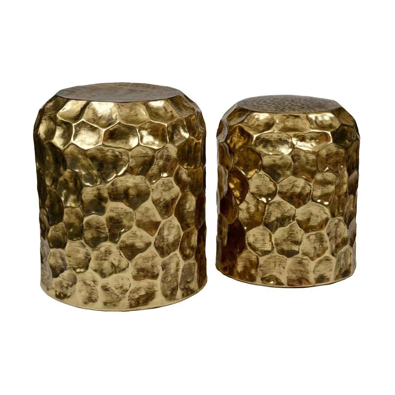 Set of two hammered gold metal side tables with textured finish