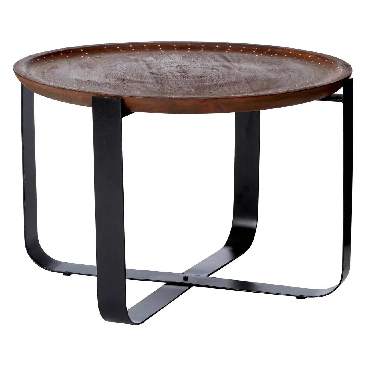 Round wooden coffee table with black metal legs and raised edge