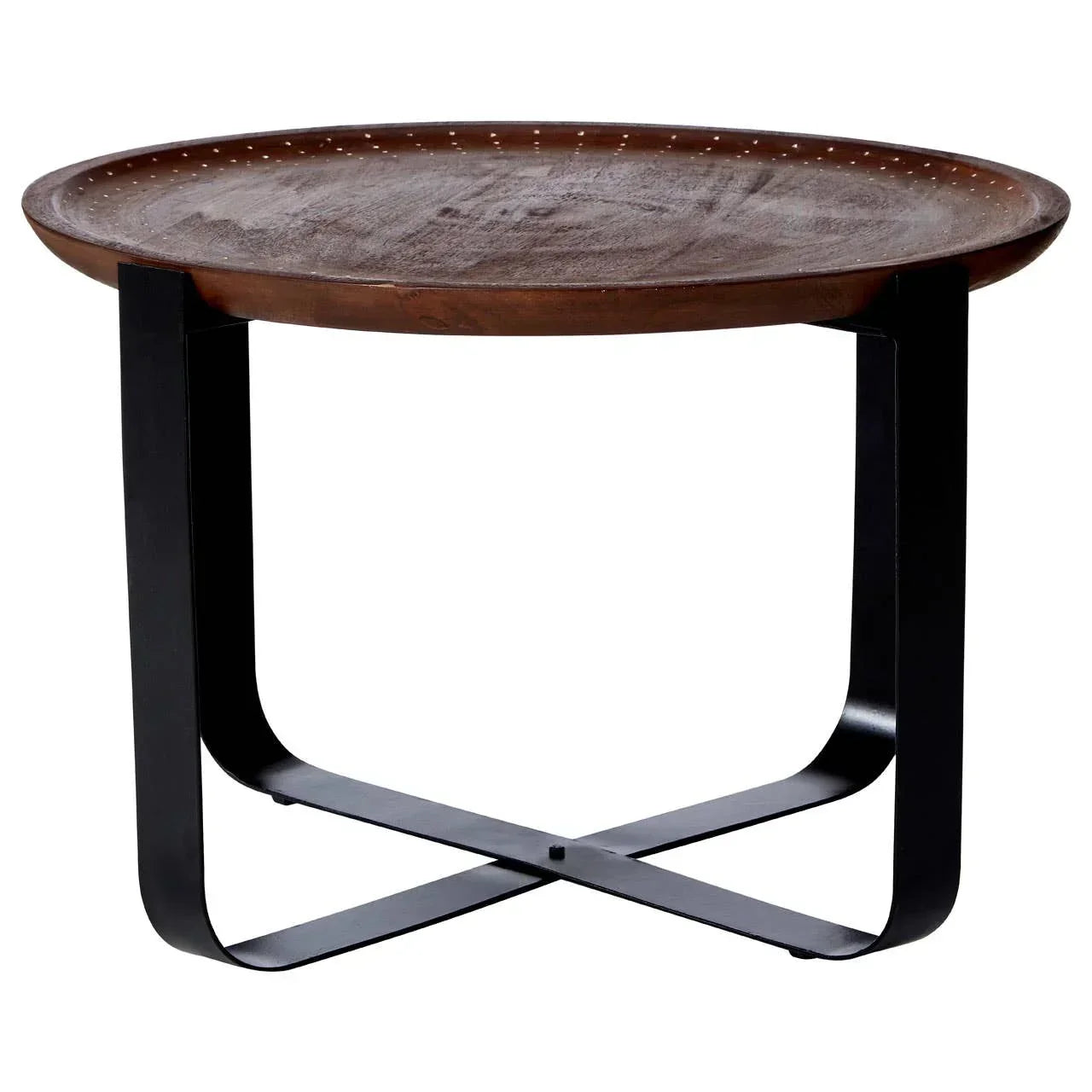 Round wooden coffee table with dark metal crossed legs, modern minimalist design