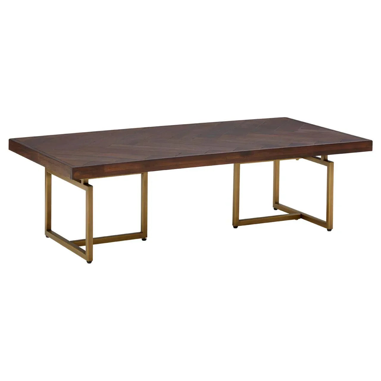 Rectangular wooden coffee table with brass metal legs and parquet detail top