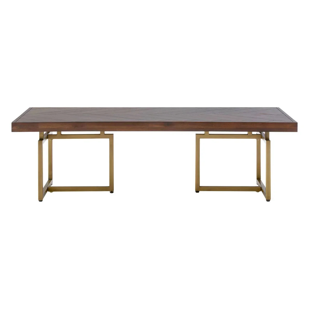 Rectangular wooden dining table with brass metal legs and geometric base design