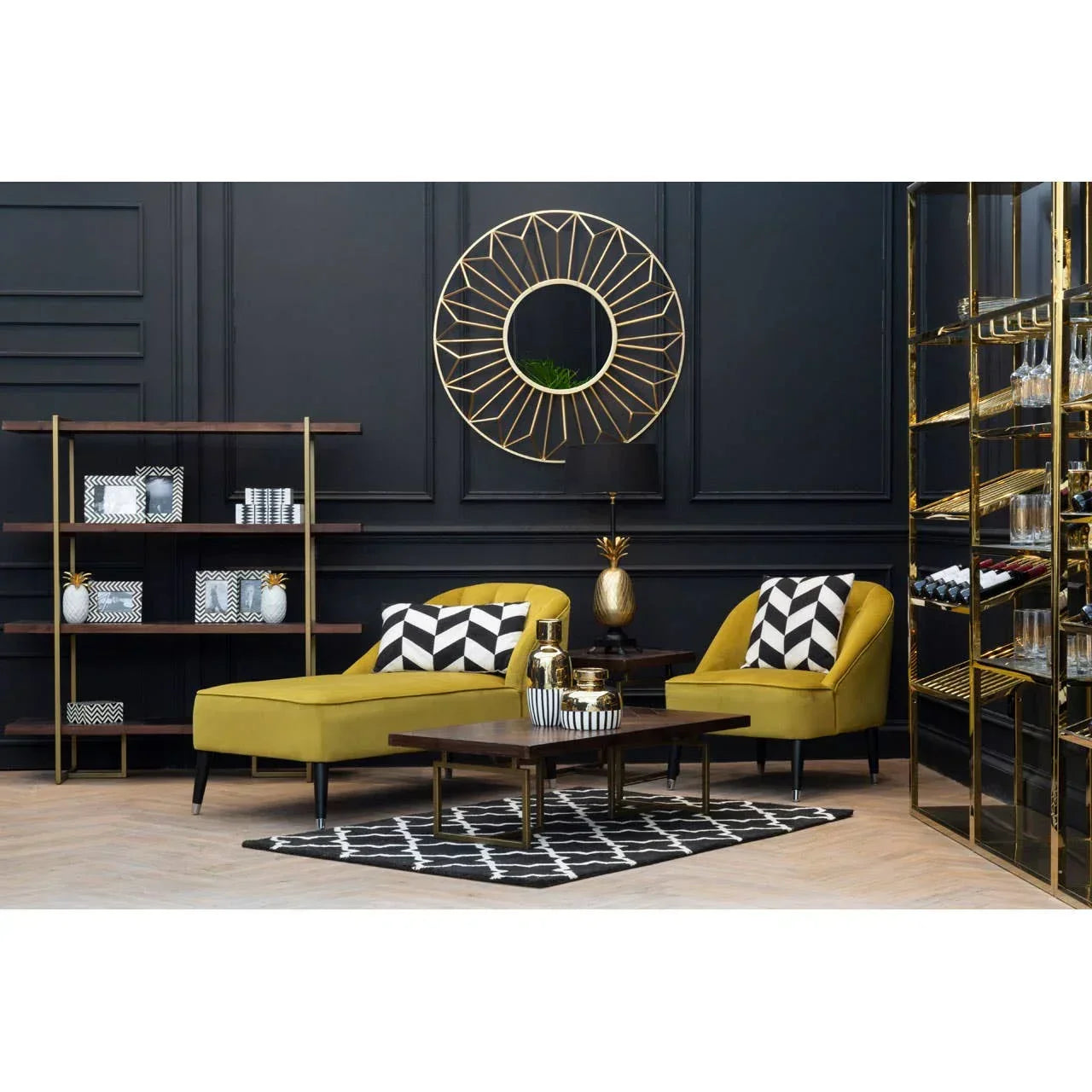Yellow velvet lounge chairs with black and white cushions in modern living room setting