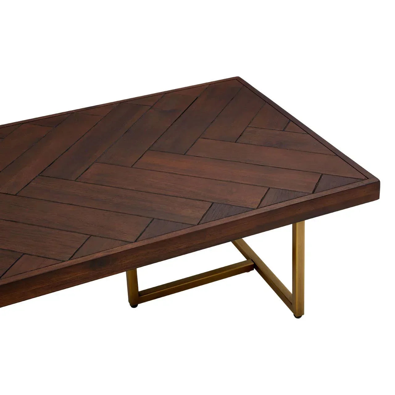 Rectangular coffee table with dark wood chevron top and gold metal legs