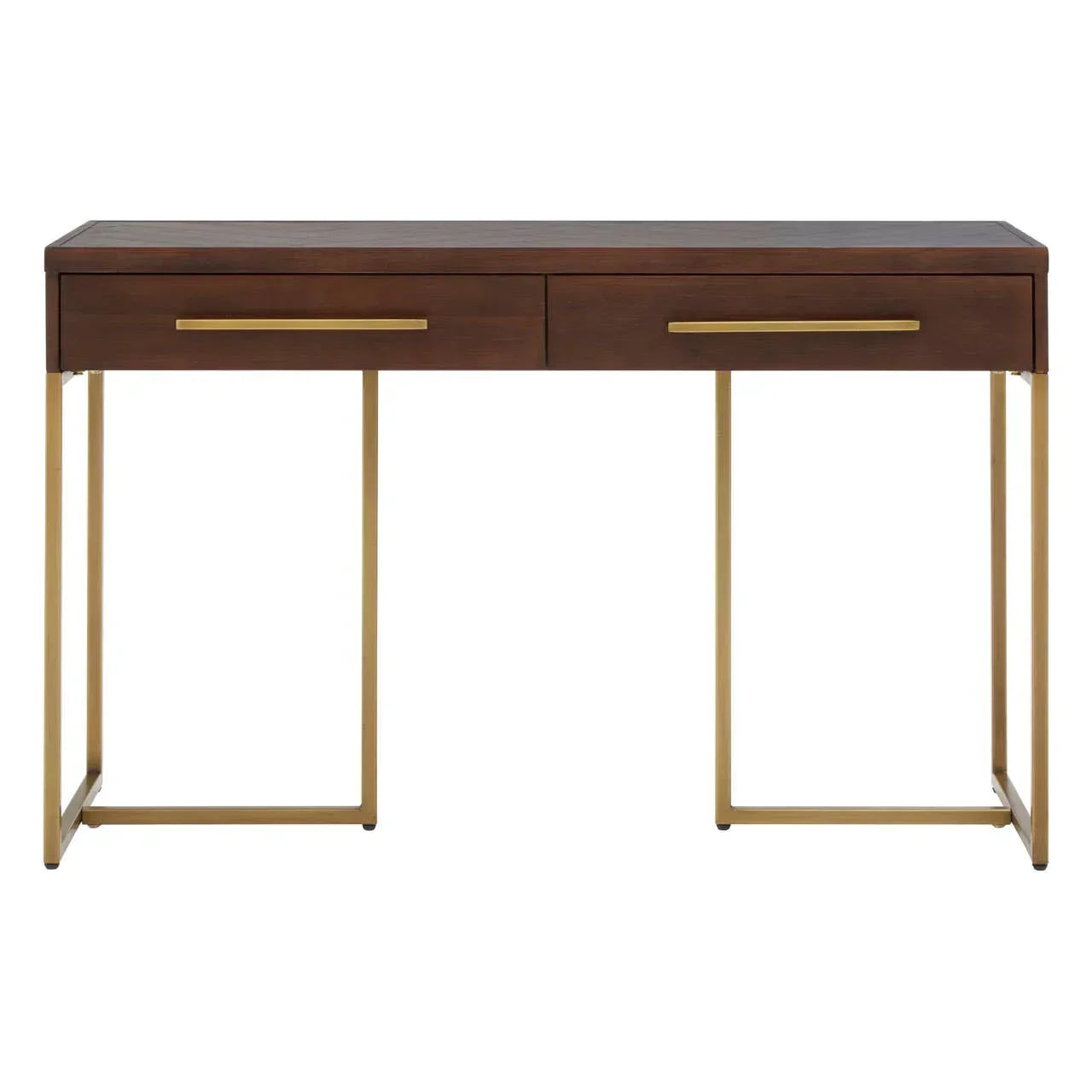 Walnut console table with gold metal frame and two drawers, front view
