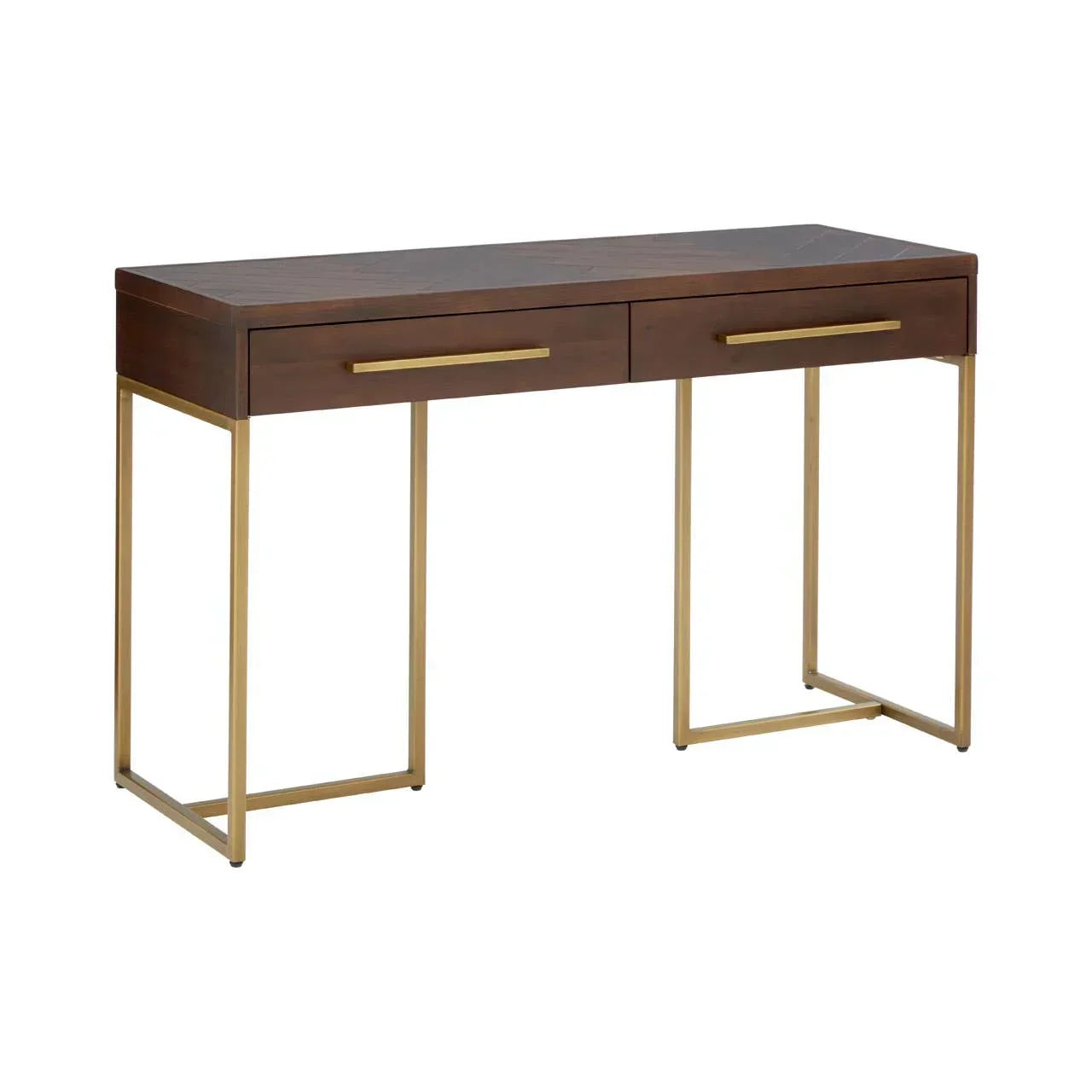 Walnut console table with gold metal legs and two drawers, modern minimalist design