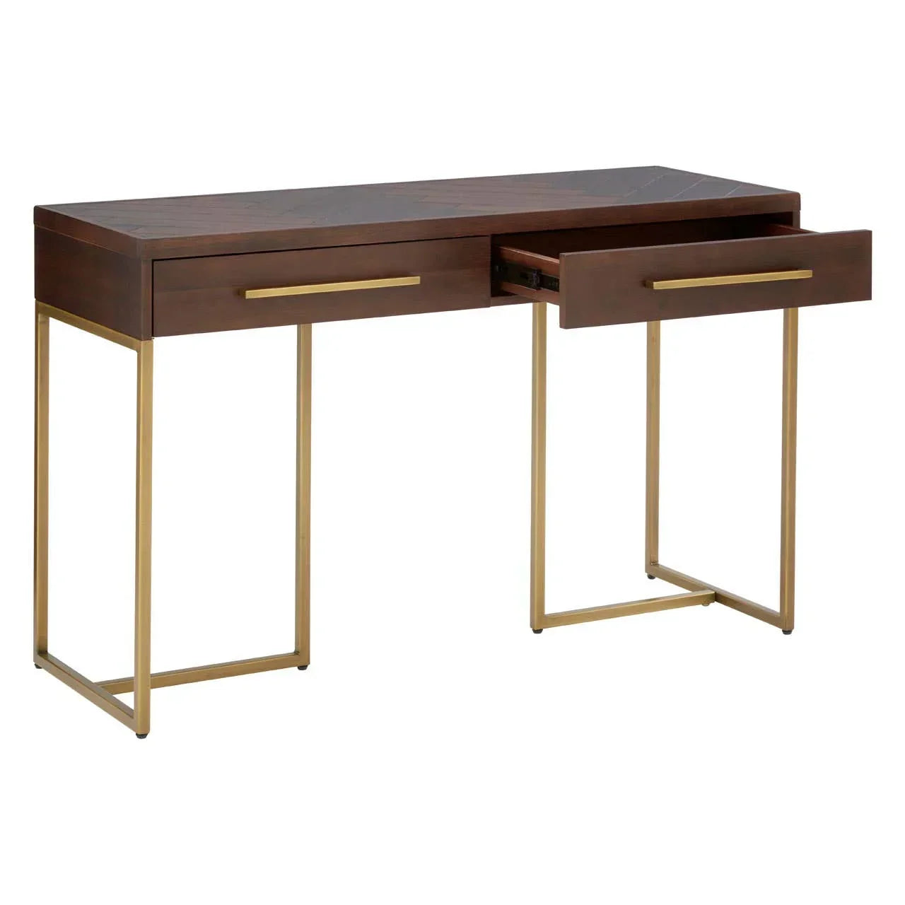 Walnut wood console table with gold metal legs and two drawers, one drawer open