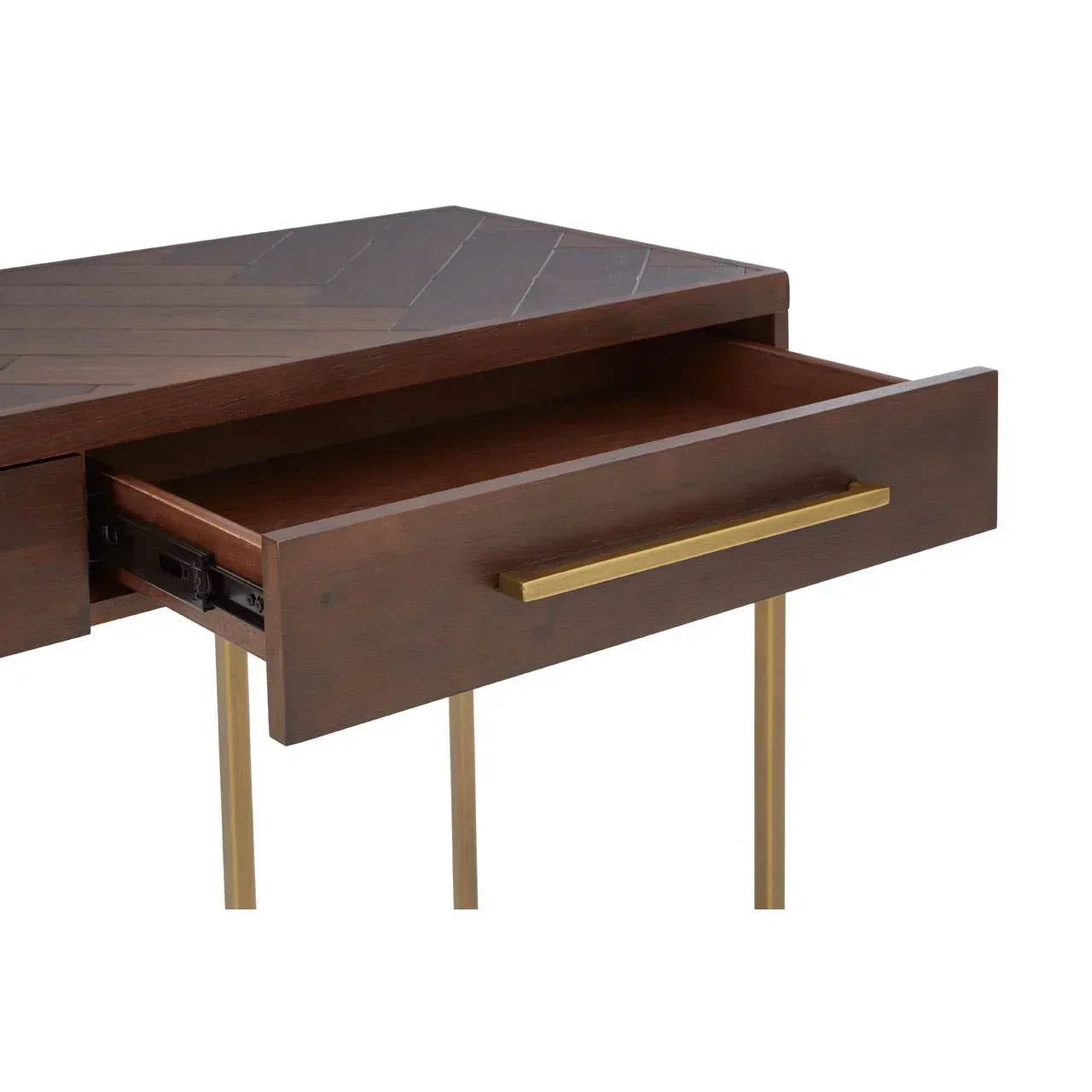 Wooden console table with brass handle drawer and gold metal legs, close up angle