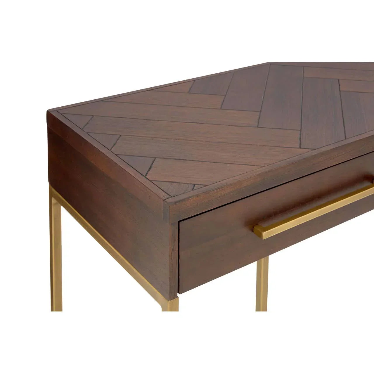 Walnut wood console table with chevron pattern top and gold metal legs