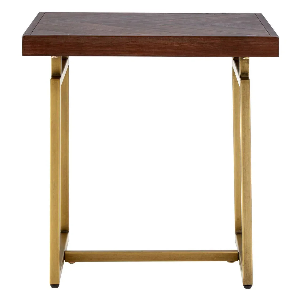 Rectangular wooden side table with gold metal legs, front view