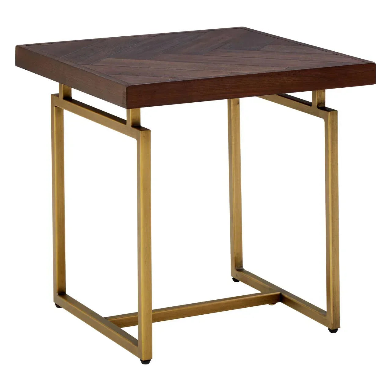 Square side table with wooden top and gold metal frame, contemporary style