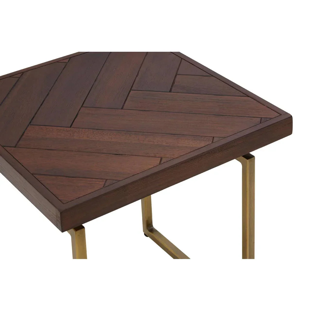 Square wooden side table with herringbone top and brass metal legs, corner view