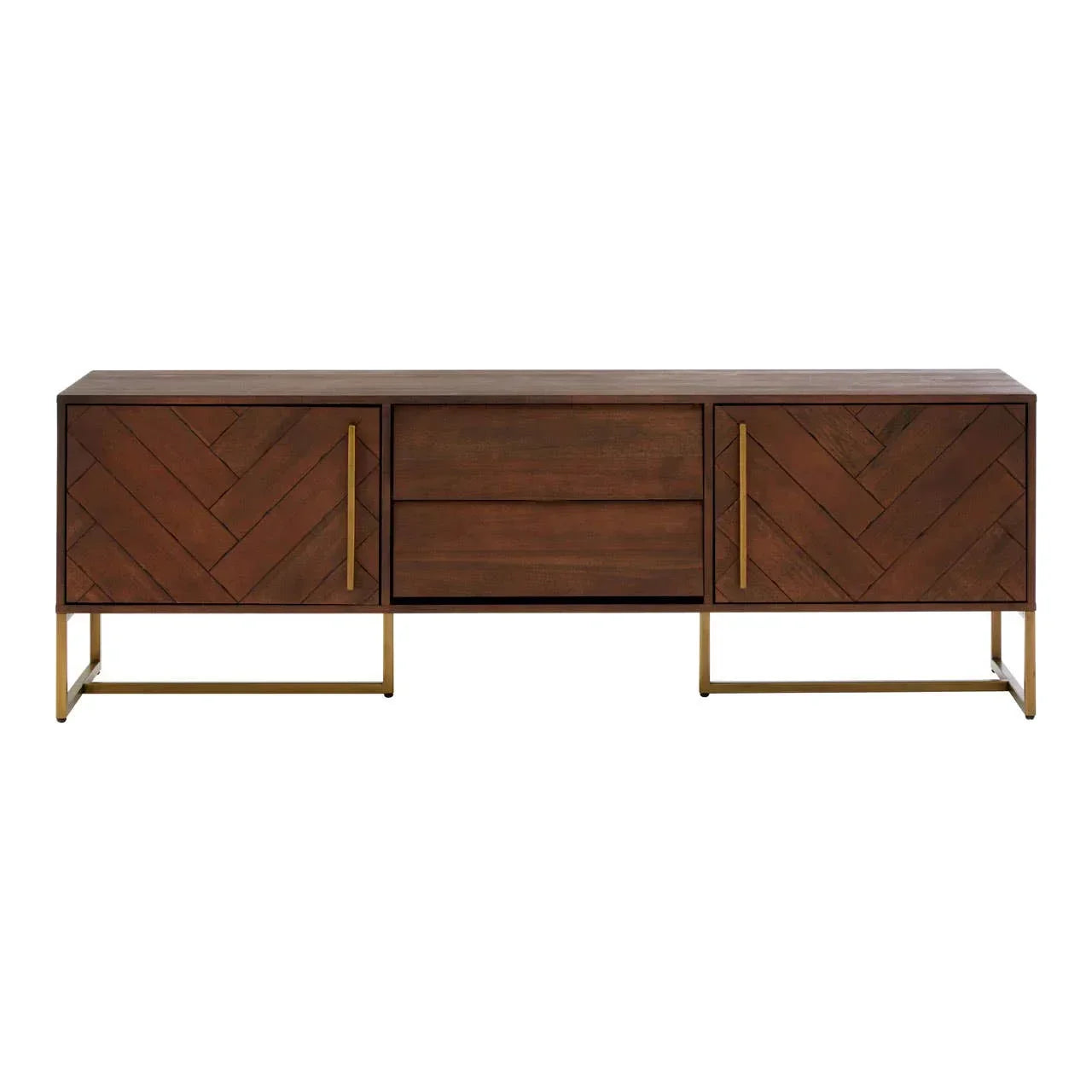Walnut sideboard with gold metal legs, herringbone doors, and two central drawers