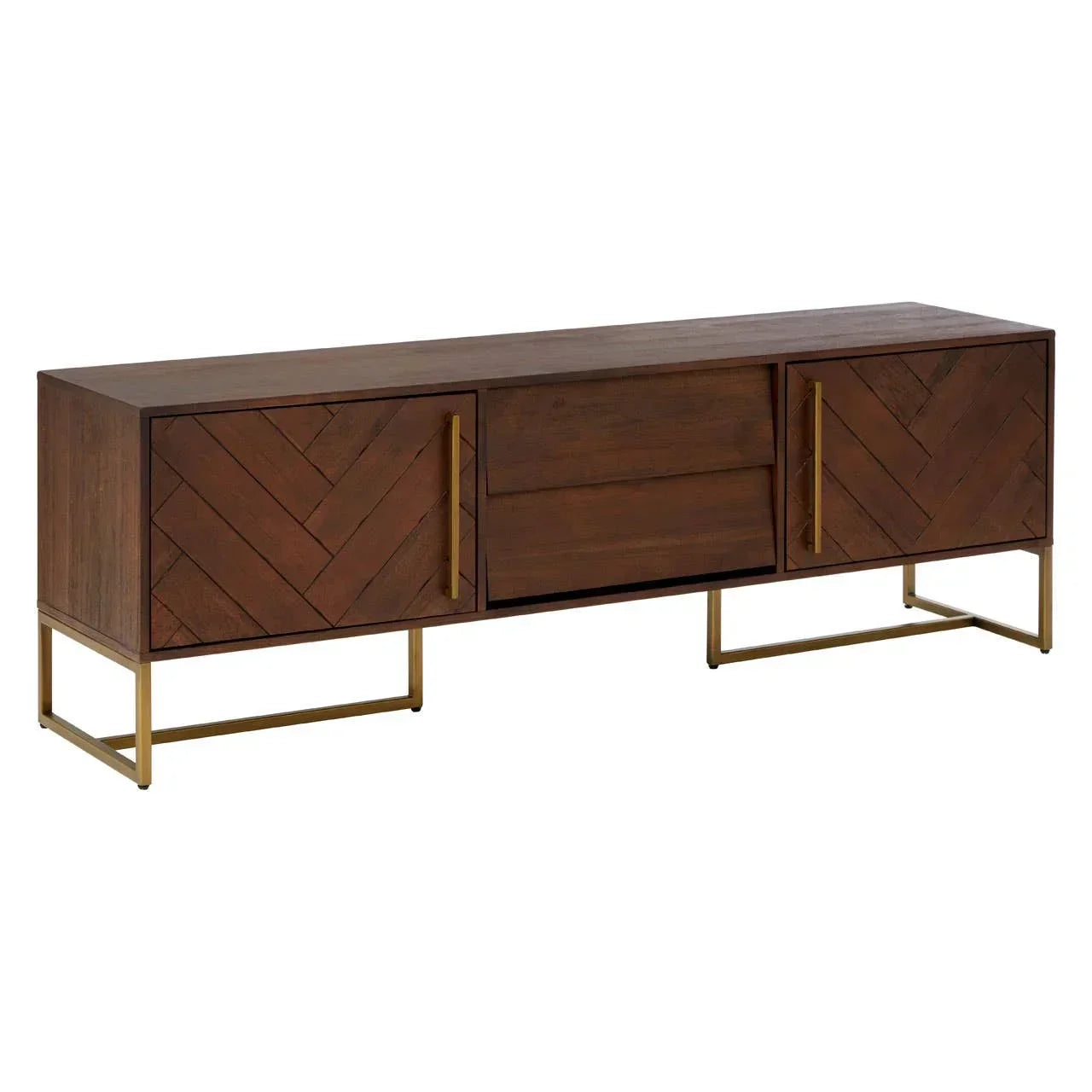 Walnut wood sideboard with chevron doors and gold metal legs, front view
