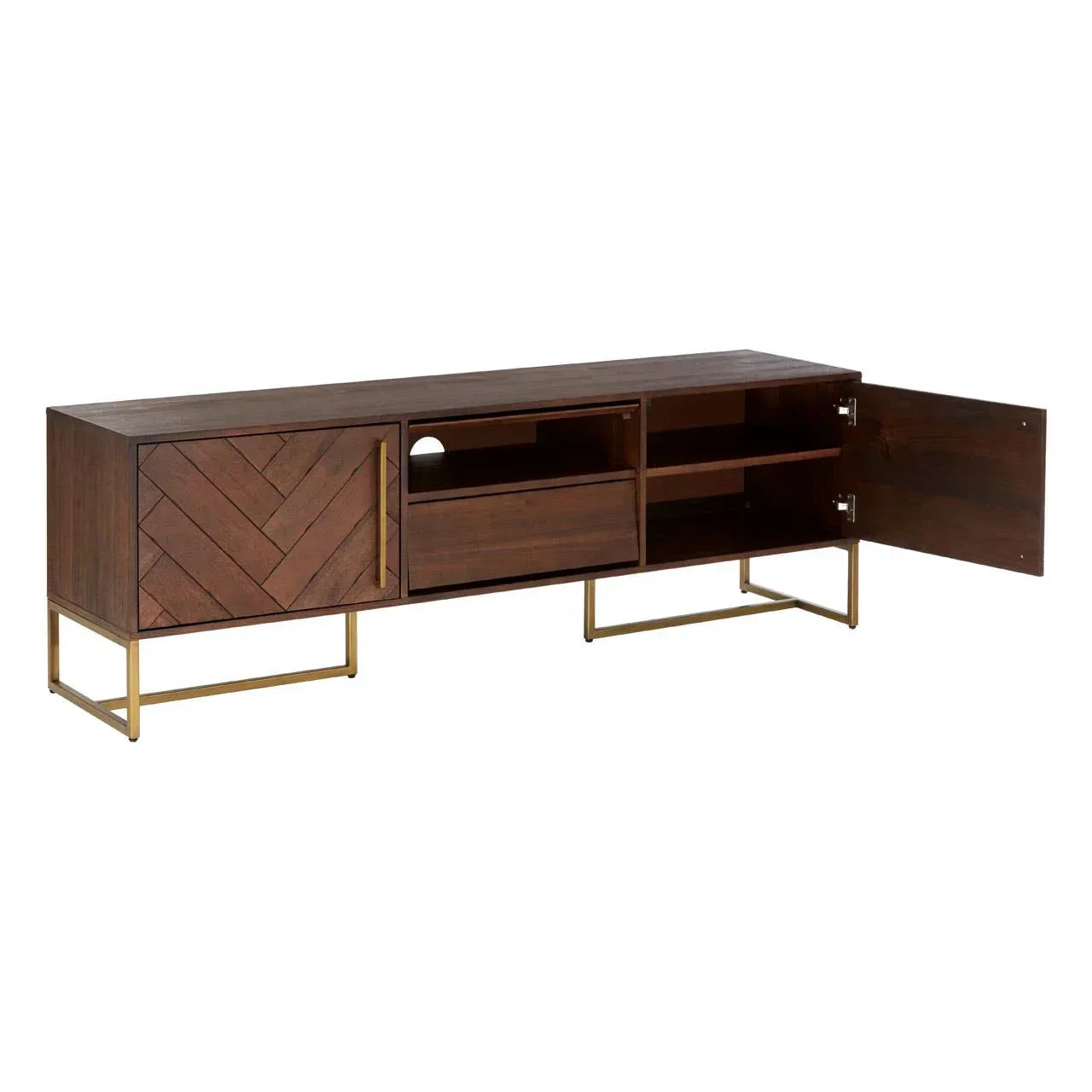 Dark wood TV unit with herringbone door, open shelving, gold legs, right cupboard open