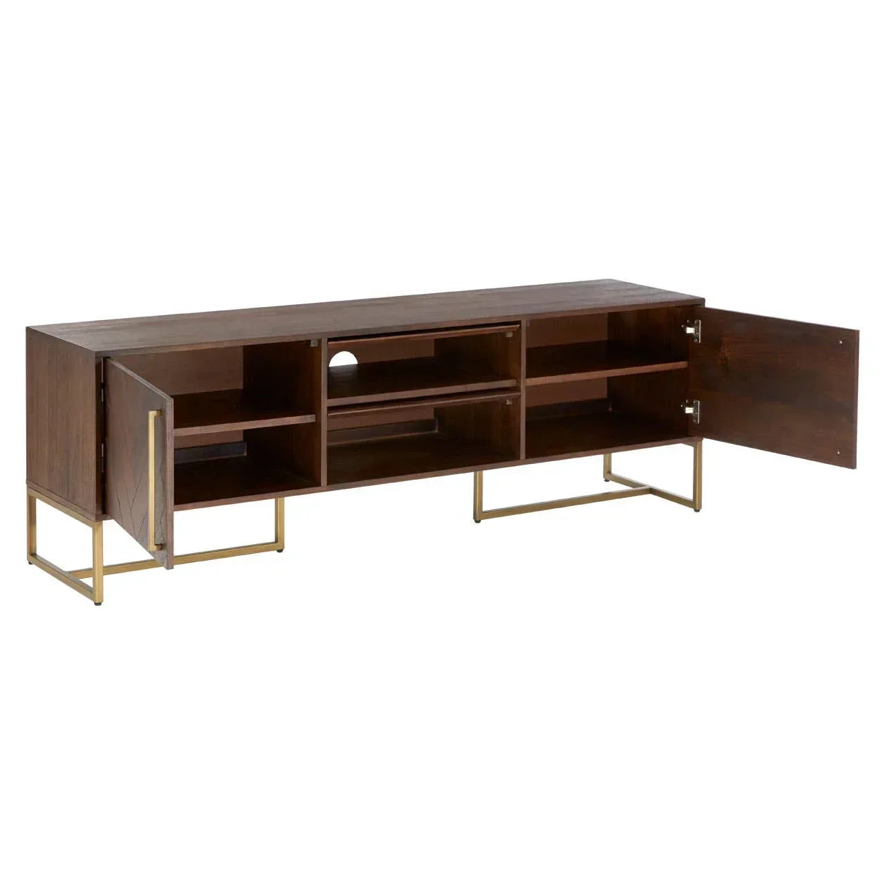 Walnut TV unit with gold legs, open shelving and side cabinets, modern media storage
