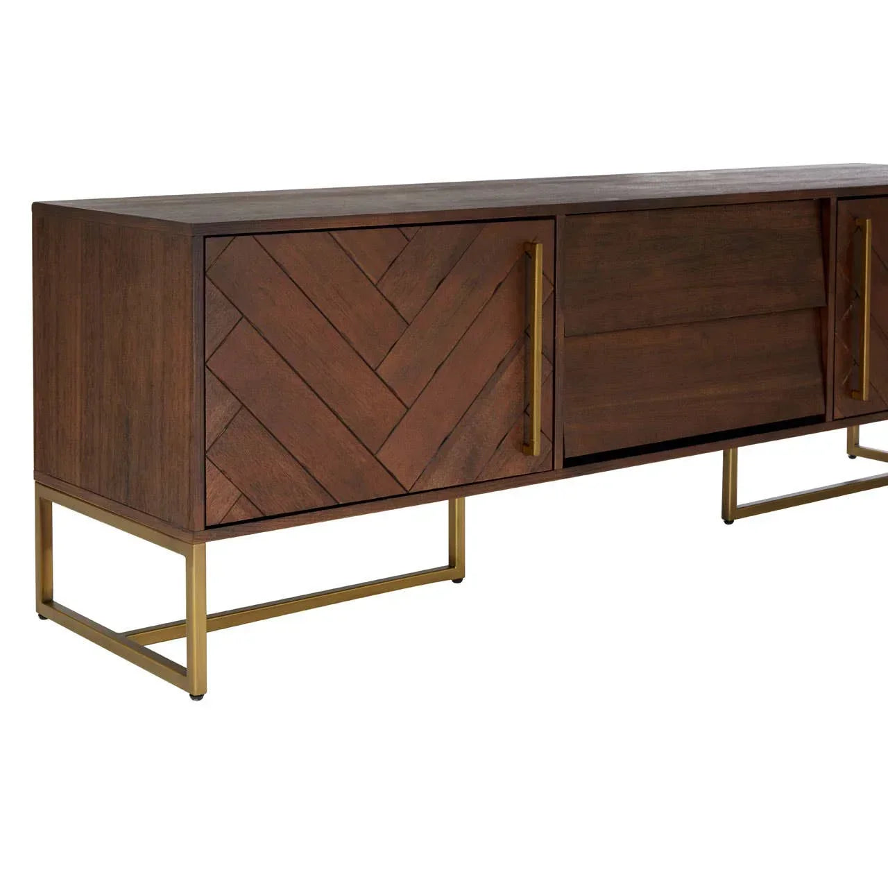 Walnut sideboard with herringbone doors and gold metal legs, modern furniture design