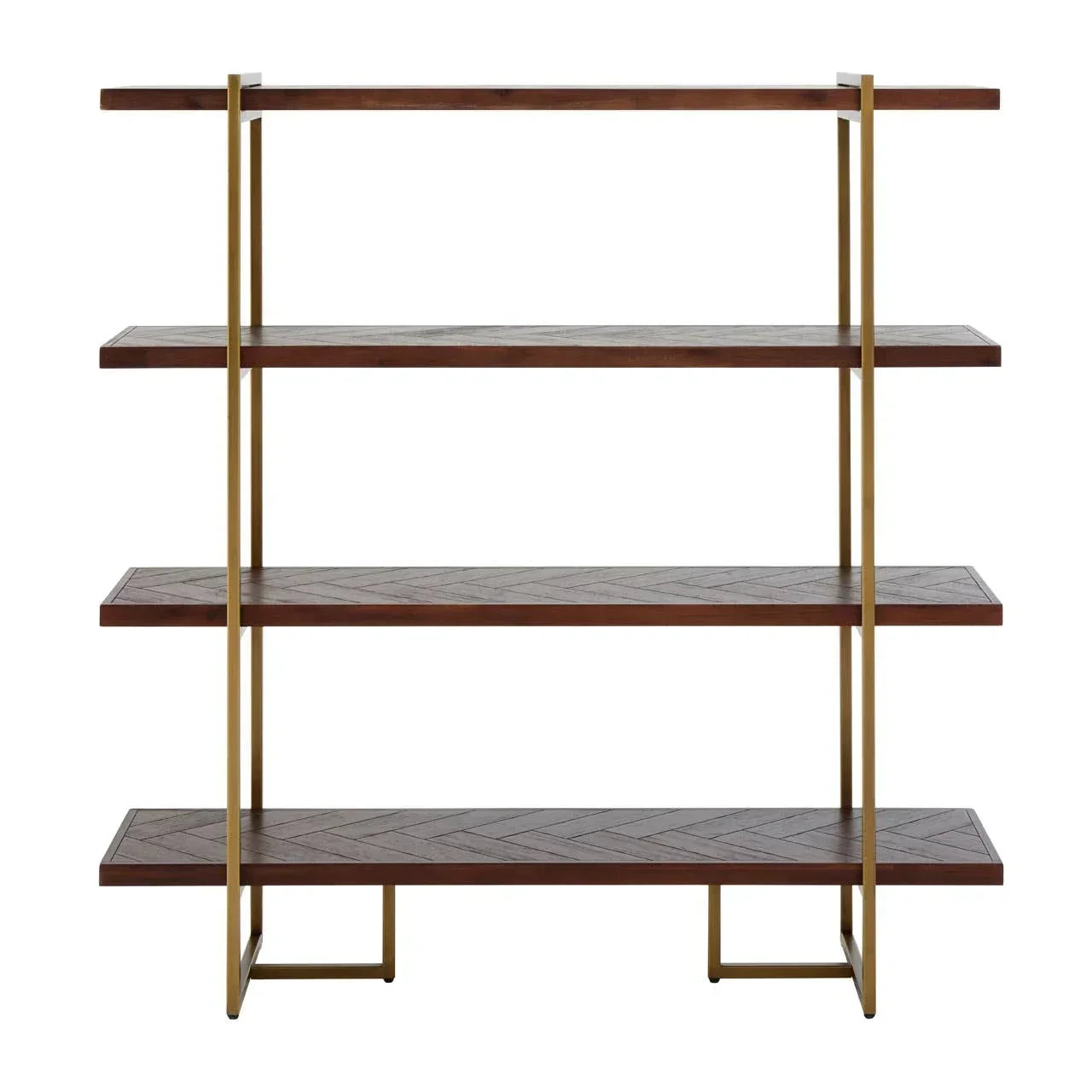 Four tier wooden shelving unit with gold metal frame and herringbone pattern shelves