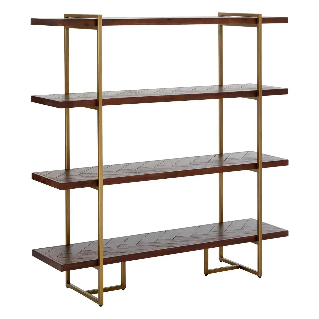 Four-tier wooden shelving unit with gold metal frame and open back design