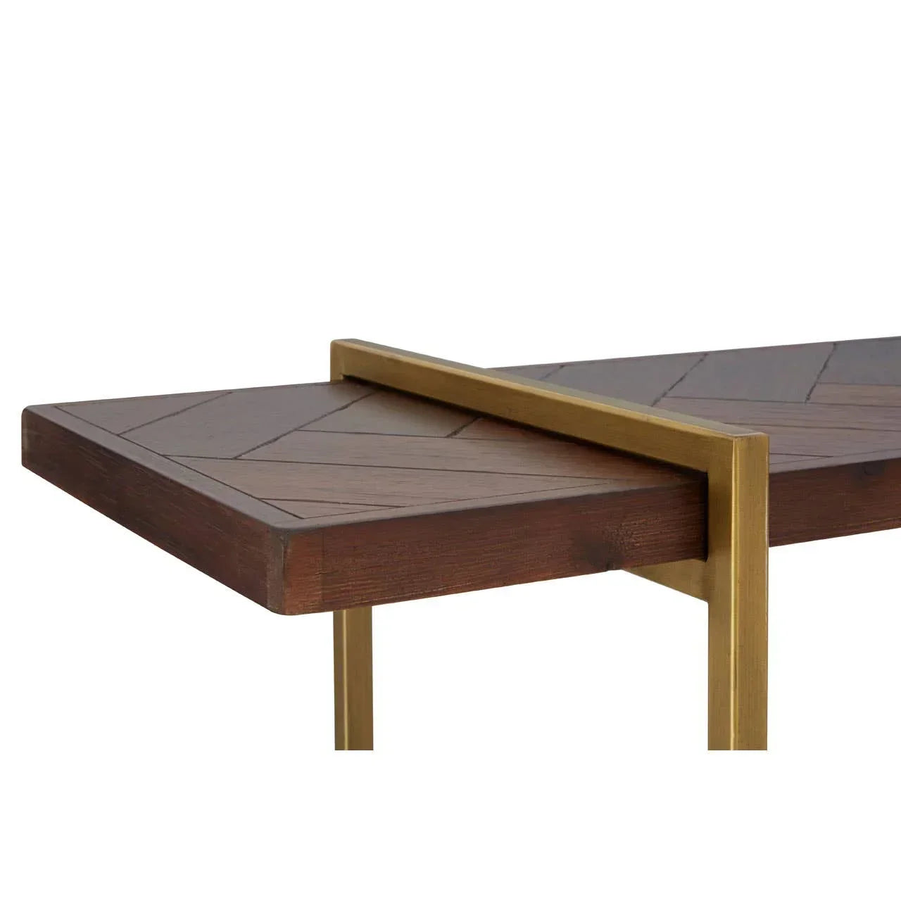 Dark wood coffee table with chevron pattern and gold metal frame close up