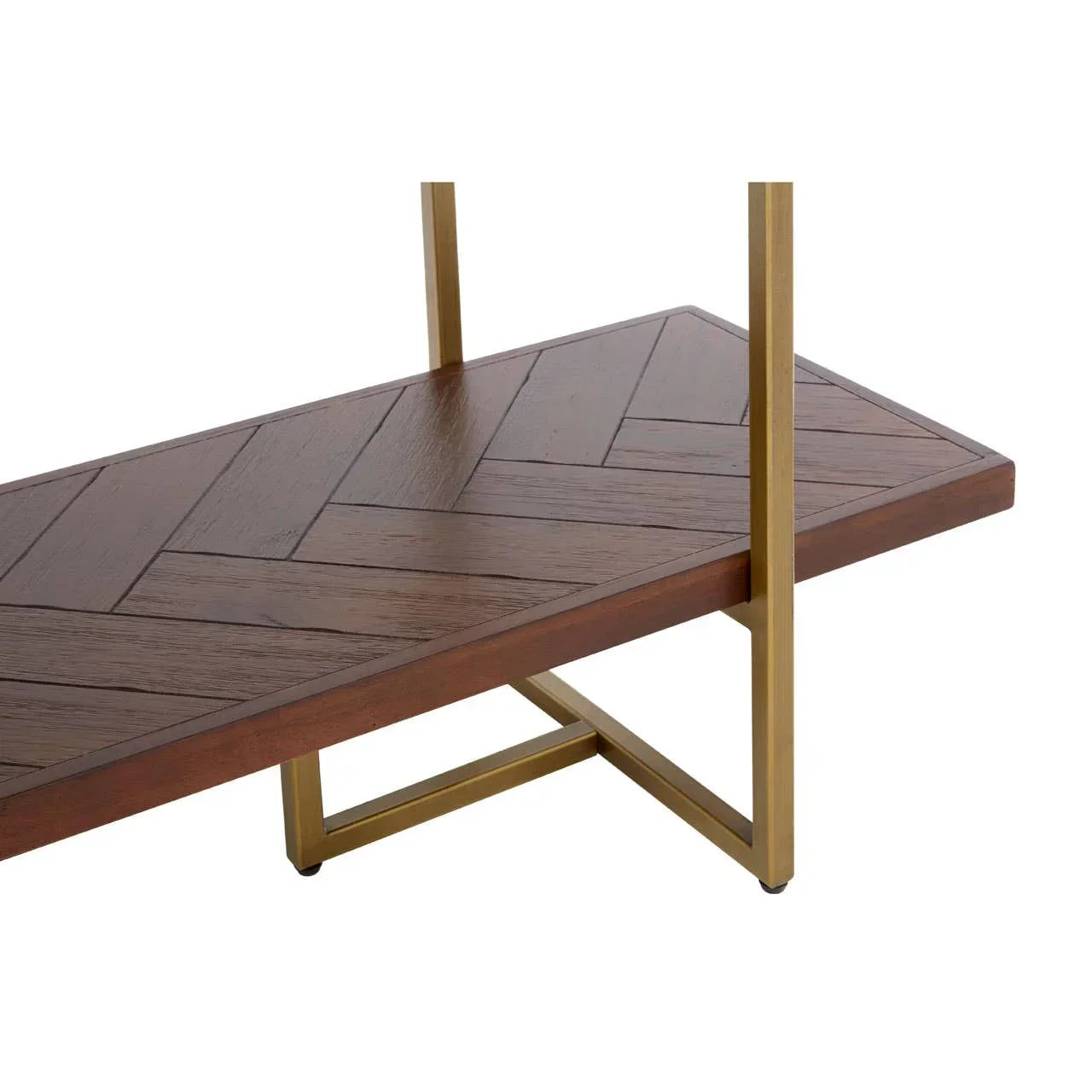 Walnut coffee table with herringbone wood top and gold metal legs, corner angle view